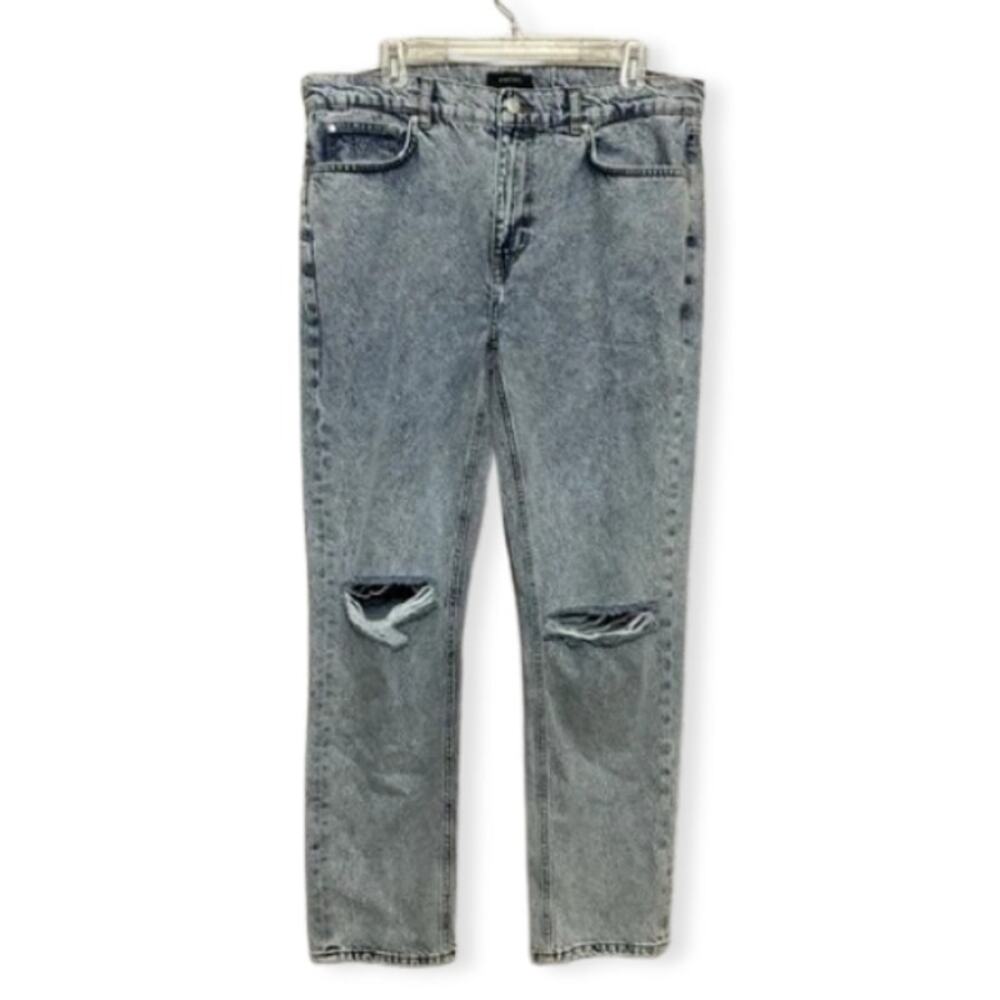 Amendi Straight Jeans Denim Distressed Button Zip Fly Blue Acid Wash M 36W NWT